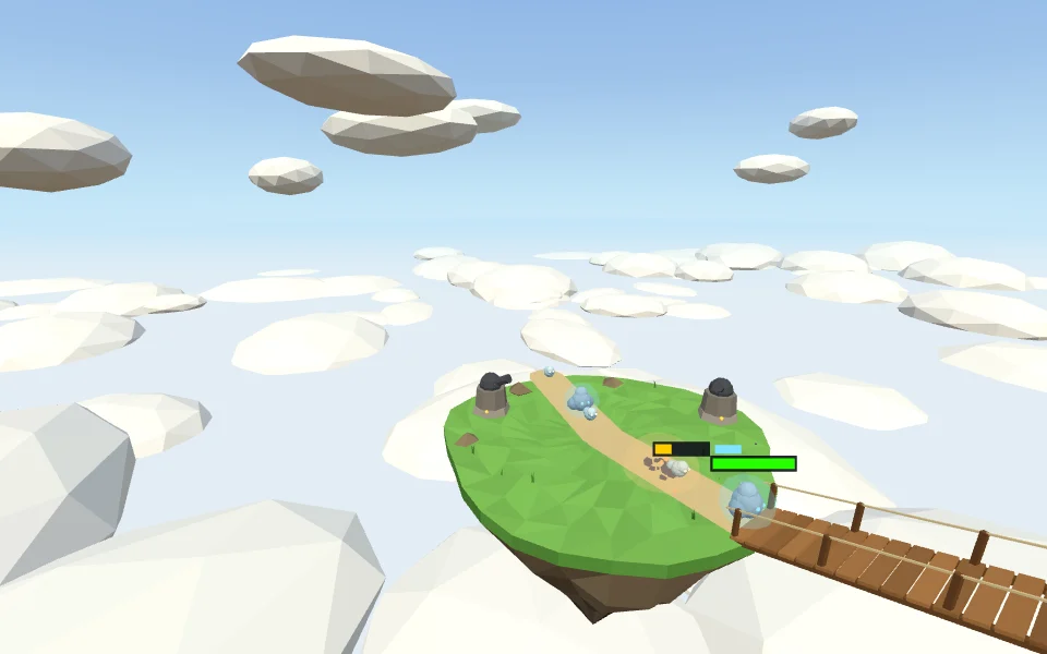 Cannon Towers on a floating island fire at shielded storm creatures crossing a rope bridge