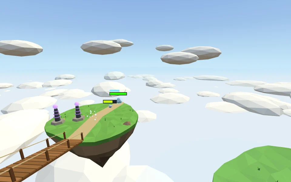 Two Spark Towers topped with purple orbs guard an island path as enemies approach